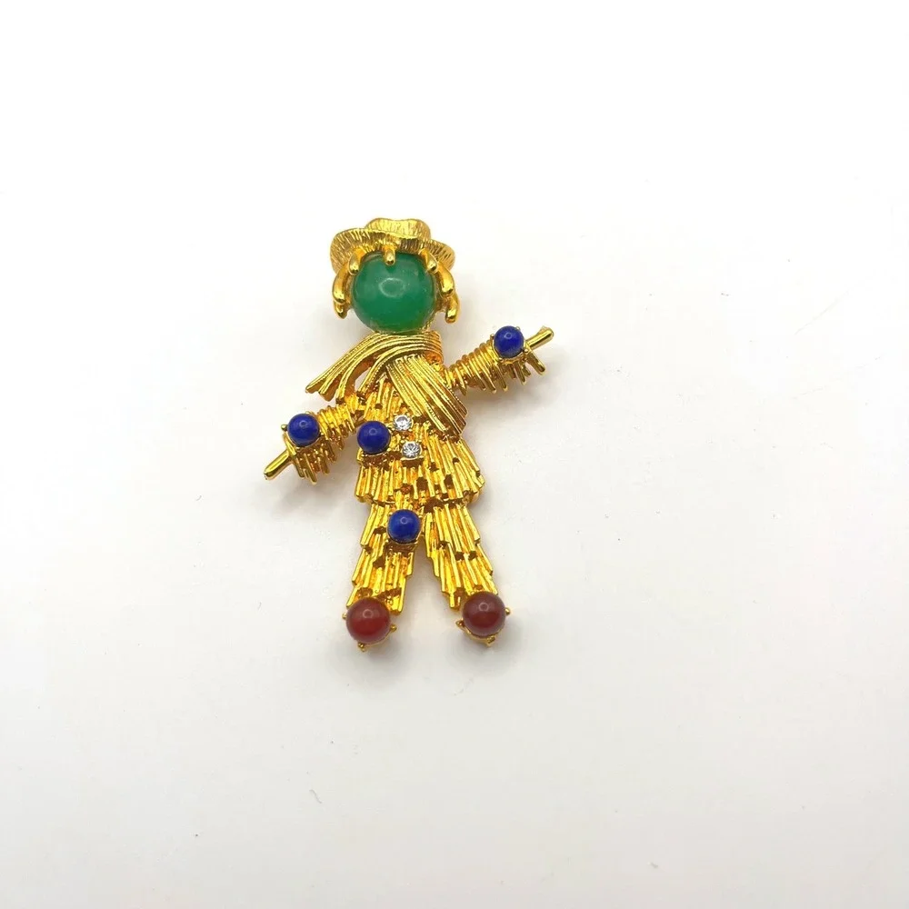 JBK Camrose & Kross Scarecrow Brooch Gold‎ Tone Green Cabochon Crystal Accent